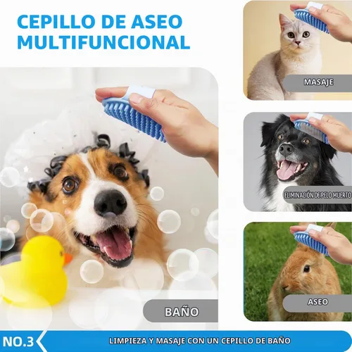 Vista 4 de Kit de Aseo para Baño con Cepillo de Pelo, Toalla y Guantes de Limpieza - Cepillo Slicker 6-en-1 para Perros y Gatos que Sueltan Pelo, Azul