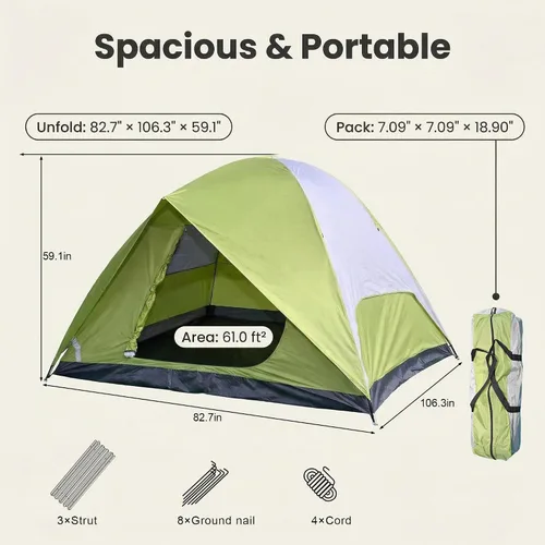 Vista 2 de Camping Tents Outdoor Tents, 4/6 Person Family Camping Tent,Heavy Duty,Waterproof Windproof, Oxford Fabric Ground Cloth Fishing, Hiking, Summer