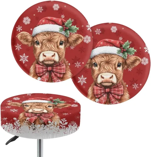 Vista 15 de Juego de 2 fundas redondas para taburetes de Navidad, color azul, diseño de ciervos de Navidad, fundas de cojín elásticas para taburetes de silla