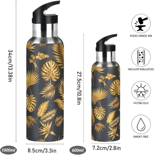 Vista 2 de Tropical Leaves - Botella de agua de acero inoxidable de 32 onzas, sin BPA, botella de agua deportiva a prueba de fugas