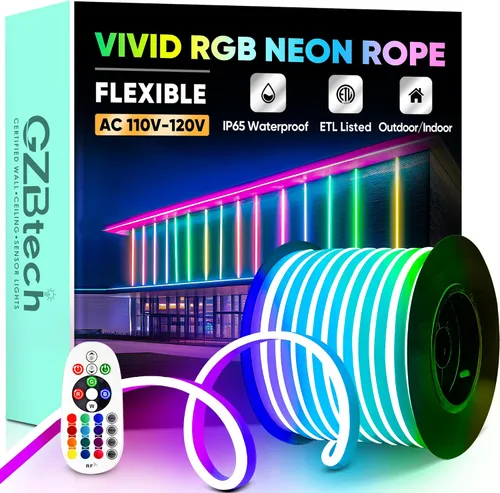 Vista 45 de GZBtech Tira de luces LED flexibles de neón de 16.4 pies, tira de luz impermeable CA de 110-120 V, 120 LEDs/M, iluminación de neón conectable