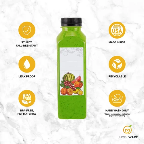 Vista 2 de JumblWare Juego de 40 botellas reutilizables de jugo de plástico transparente de 16 onzas con embudo, cepillo de limpieza y etiquetas