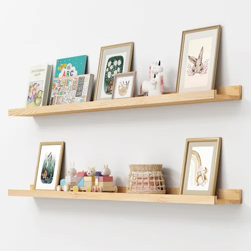 Vista 27 de FLYJOE Estante de repisa de fotos para pared, 24 pulgadas de madera de fresno maciza, estantes para libros de guardería, estantes flotantes