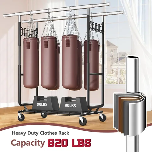 Vista 5 de Hoctieon Perchero de doble varilla de montaje en 2 minutos, estante resistente para ropa con ruedas, plegable para uso comercial, barra extensible