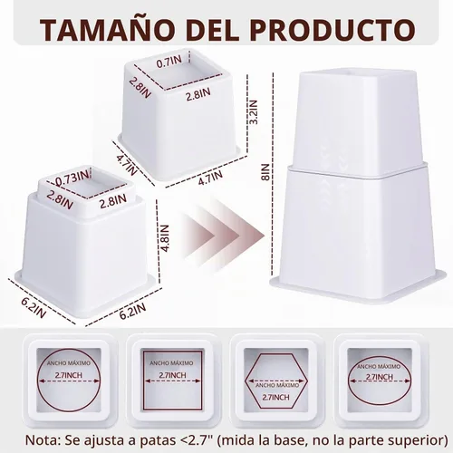 Vista 2 de Elevadores de cama resistentes de 8 pulgadas, juego de 4 elevadores ajustables para muebles, alturas de elevación de 3, 5 y 8 pulgadas, soporta