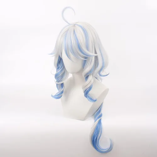 Vista 2 de Peluca de Focalors para cosplay, anime Genshin Impact, larga, rizada, blanco y azul, peluca de repuesto para mujeres y niñas, para fiestas