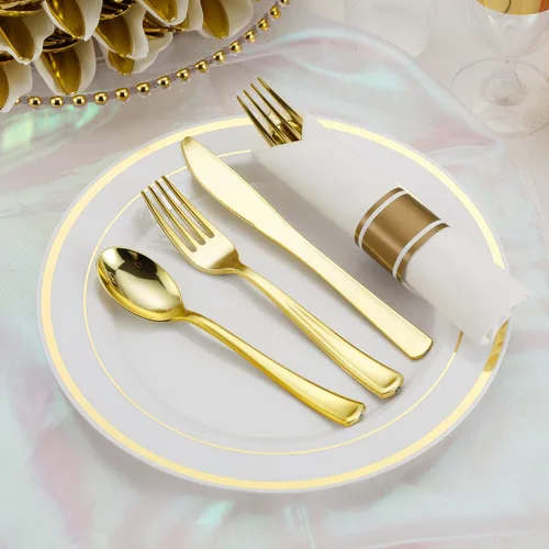 Vista 6 de Juego de 50 cubiertos de plástico dorado preenrollados con servilletas, juego de cubiertos desechables envueltos resistentes para bodas, fiestas