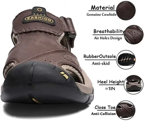 Vista 2 de VISIONREAST Sandalias de cuero para hombre, sandalias de senderismo al aire libre, impermeables, atléticas, zapatos de playa de pescador, sandalias