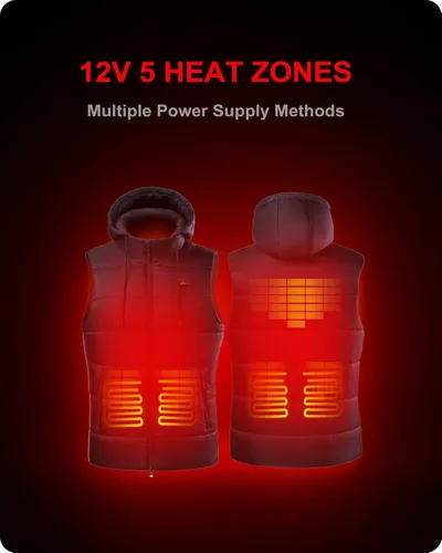 Vista 2 de DEWBU Chaleco calefactado con batería de 12 V, múltiples métodos de fuente de alimentación, ropa térmica ligera con capucha desmontable