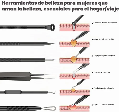 Vista 2 de Kit de herramientas para reventar espinillas, 6 piezas, removedor de espinillas, juego de herramientas de aguja para acné, tratamiento de Negro