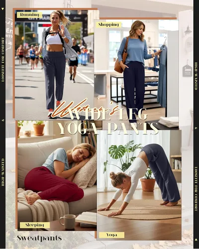 Vista 34 de Neer - Conjunto de 3 pantalones de yoga de pierna ancha para mujer - Pantalones deportivos cómodos, holgados, de cintura alta y casuales