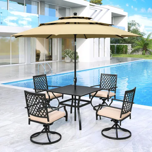 Vista 37 de MFSTUDIO Juego de mesa de comedor para patio al aire libre con paraguas, 4 sillas giratorias y 1 x 37 cuadrado Bistro forjado Iorn Slat mesa grande