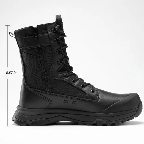 Vista 2 de Coostar Botas tácticas para hombre, ligeras, botas de combate militar, botas de trabajo con cremallera lateral, botas de motocicleta, para Negro