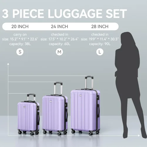 Vista 6 de 202428inch Equipaje Sets Durable Maleta Sets con Doble Spinner Ruedas TSA Lock, A-Lavanda Púrpura