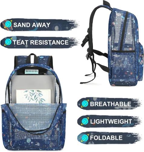 Vista 5 de CAMTOP Mochila de malla para niños y niñas, mochila transparente para preescolar, mochila casual para escuela, playa, viajes, deportes, Azul