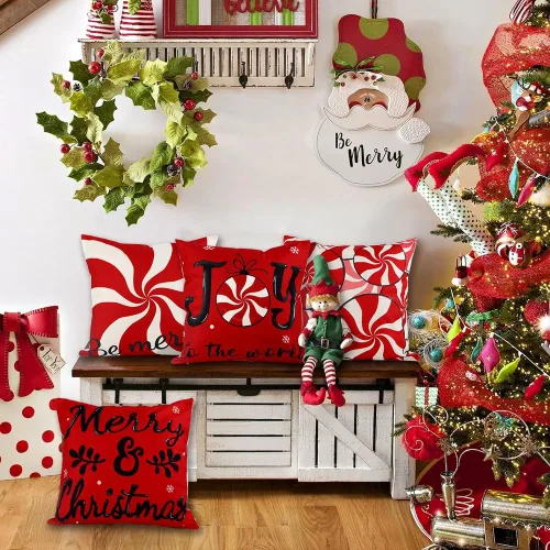 Vista 4 de Vellibring - Juego de 4 fundas de almohada de Navidad con diseño de caramelos, 45 x 45 cm, rojo y blanco, fundas de almohada para sofá, decoración