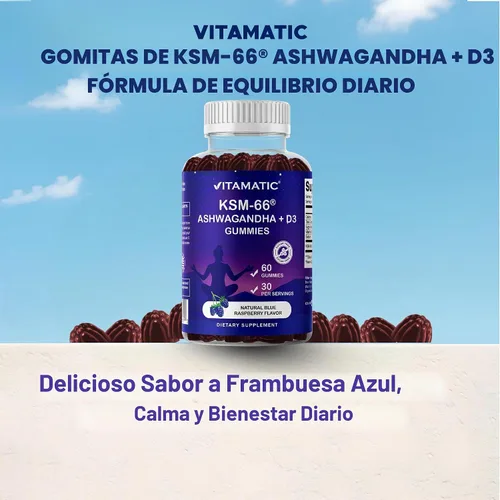 Vista 7 de Vitamatic KSM-66® Ashwagandha + D3 Gummies - Sabor natural de frambuesa azul - Sin azúcar, sin gluten, sin OMG - 60 gomitas
