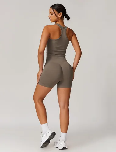 Vista 39 de Conjuntos de entrenamiento para mujer, 2 piezas, sin costuras, acanalada, sin mangas, brasier deportivo, cintura alta, pantalones cortos