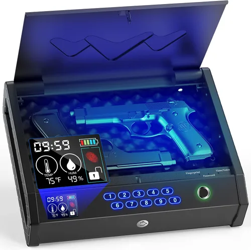 Vista 8 de HOLEWOR - Caja fuerte para pistolas, cajas fuertes biométricas para pistolas con pantalla LCD de temperatura y humedad, caja fuerte para pistolas