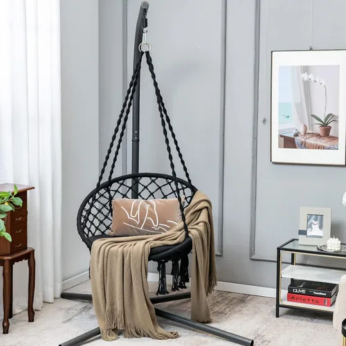 Vista 8 de Giantex - Silla hamaca de macramé con cojín y kit de herramientas, color negro Capacidad de peso de 330 libras, silla colgante