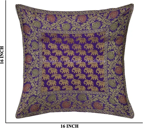 Vista 2 de Funda de almohada de seda de brocado para sofá indio de 16 x 16 pulgadas, diseño único de jacquard morado dorado para decoración del hogar