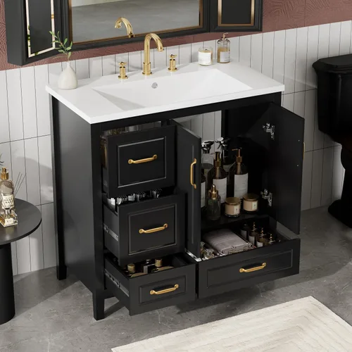 Vista 10 de Harper & Bright Designs Tocador de baño de 24 pulgadas con lavabo, tocador de lavabo individual independiente con una puerta y 3 cajones de cierre