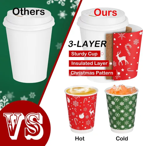 Vista 4 de Kochorie Juego de 100 tazas de café desechables de Navidad de 12 onzas con tapas de cúpula, papel desechable de Navidad, taza aislada extragruesa