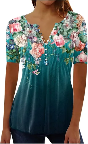 Vista 6 de Ceboyel Camisetas gráficas con estampado floral y mariposa para mujer, linda camisa de verano de manga corta, blusa de vestir casual para mujer