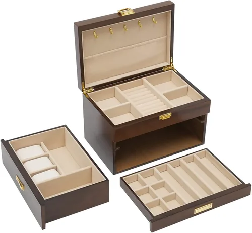 Vista 9 de LOYALHEARTDY Joyero de madera de 3 capas, organizador grande para mujeres, para anillos, collares, aretes, pulseras, caja de almacenamiento