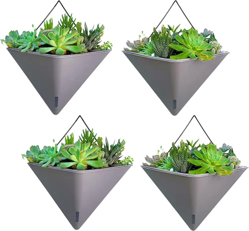 Vista 14 de LaLaGreen - Maceteros de pared para plantas de interior, paquete de 2, 12 pulgadas, grandes con autoriego, negro, geométrico, colgante, florero