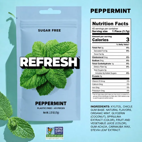 Vista 2 de Refresh Gum Peppermint, goma de mascar de xilitol natural sin azúcar, 45