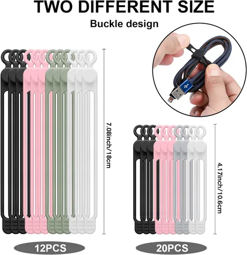 Vista 5 de 32 bridas de silicona para cables, organizador de cables de datos, correas de cables de silicona, reutilizables, organizadores de cables elásticos