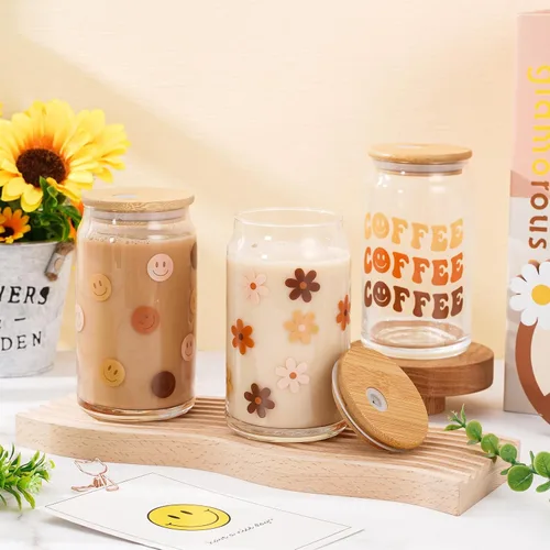 Vista 3 de Whaline Paquete de 6 vasos bohemios de 16 onzas con diseño de arco iris, sol, corazón, flores, taza retro Groovy Ice Coffee Cup con tapa de bambú