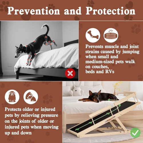 Vista 5 de Rampa para perros para cama alta, sofá, automóvil, rampas para mascotas de 55.12" de largo ajustable de 19.3"-27.17" escalón de madera para perro