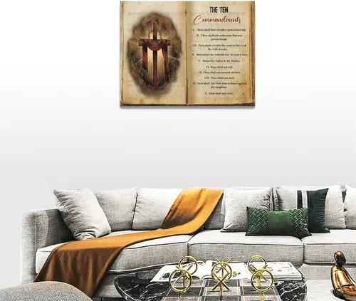 Vista 4 de Arte de Pared Cruz de los Diez Mandamientos Arte de Pared de los 10 Mandamientos Versículo Bíblico Religión Cristiana Escritura Imágenes Decoración