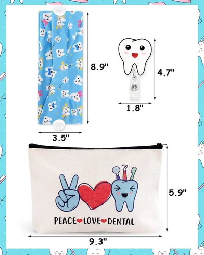 Vista 2 de 4 piezas de regalos para dentistas, accesorios de higienista dental, diademas con botones, carrete de insignia de acrílico con purpurina, bolsa