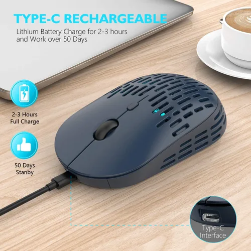 Vista 4 de RAPIQUE Ratón inalámbrico Bluetooth, mouse Bluetooth silencioso recargable de modo dual con receptor tipo C 2.4G para laptop, iMac, Chromebook, Azul