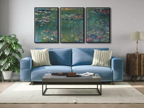 Vista 7 de Wieco Art Claude Monet - Lienzo enmarcado con 3 paneles, arte de pared de lirios de agua por Claude Monet, pinturas famosas, impresiones en lienzo