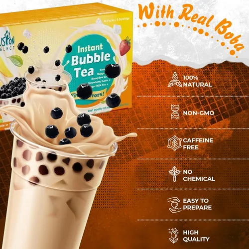Vista 2 de Fusion Select Juego de 5 paquetes de té de burbujas de taro, mango, melaza, fresa con perlas de tapioca extra ricas, pajitas