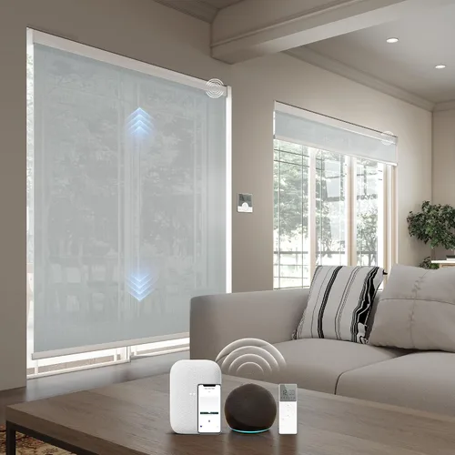 Vista 14 de Persianas inteligentes personalizadas de 110 pulgadas de ancho para ventanas grandes, persianas enrollables motorizadas 100% opacas compatibles