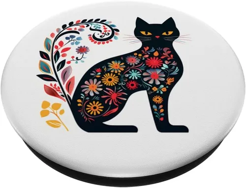Vista 2 de PopSockets PopGrip intercambiables con diseño floral de gato negro