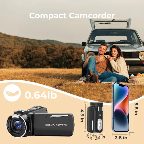 Vista 7 de Videocámara de video HD de 1080P, cámara de vlogging de pantalla abatible de 270° de 48MP 3 pulgadas con antivibración, cable de cámara digital