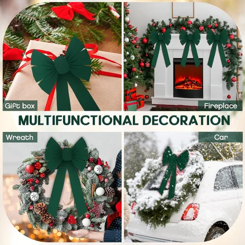 Vista 6 de Hoteam 24 Piezas Lazos Grandes de Terciopelo Rojo de Navidad 10 x 16 Pulgadas Lazo Verde Colgante para Corona de Navidad Lazo Superior para Árbol