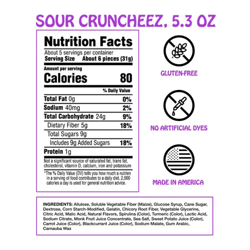 Vista 2 de Rotten Sour Gummy Cruncheez - Bajo en azúcar, bajas calorías, 5g de fibra prebiótica amigable para el intestino, caramelo sin gluten, sin colorantes