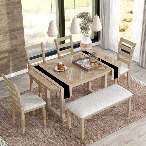 Vista 17 de Juego de mesa de comedor de madera de 7 piezas, mesa extensible multifuncional con hojas de 12 pulgadas y 2 cajones, 6 sillas de comedor con cojín