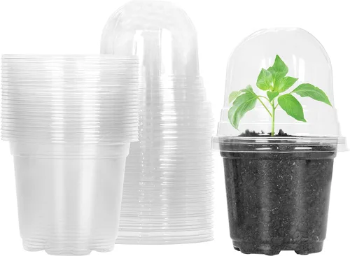 Vista 9 de MIXC Macetas para vivero con cúpula de humedad, maceta de plástico transparente suave de 4 pulgadas, macetas para plantar, macetas pequeñas bandejas