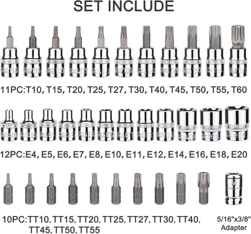 Vista 3 de CASOMAN 34 piezas de 3/8 pulgadas Torx Bit Socket y E-Torx (estrella) Juego de zócalos de acero CR-V y S2, E4-E20, T10-T60, a prueba