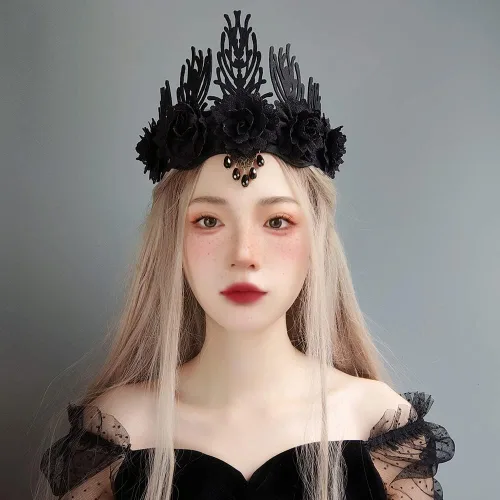 Vista 4 de Lolita gótica oscura de Halloween, estilo vintage, encaje negro barroco, Queen, diadema para el cabello para Halloween, Navidad, fiesta de máscaras