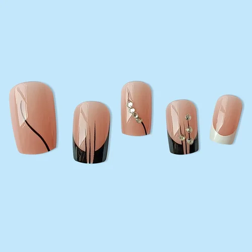 Vista 4 de Uñas postizas a presión de punta francesa, uñas postizas cuadradas blancas, uñas postizas cortas negras con diamantes de imitación, diseños