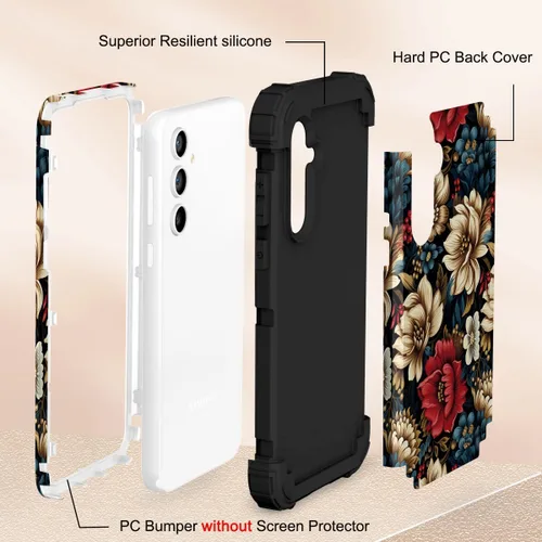 Vista 5 de Funda para Galaxy A14 5G Case, Patrón Floral 3 en 1 Protección Resistente de Servicio Pesado a Prueba de Golpes Parachoques de Goma de Silicona